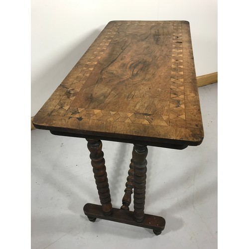 1197 - SIDE TABLE WITH GEOMETRICALLY INLAID WALNUT TOP BOBBIN TURNED END SUPPORTS AND STRETCHER APPROX. 90 ... 