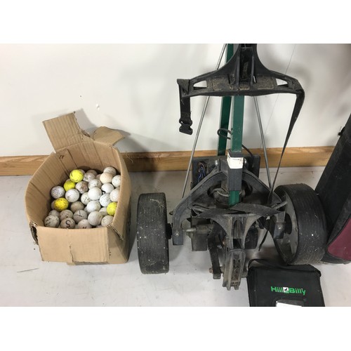 1529 - ELECTRIC GOLF TROLLEY, MISC. GOLF CLUBS AND GOLF BALLS