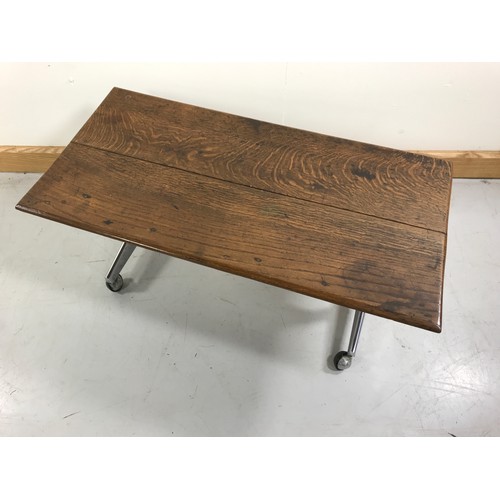 1301 - LATE CENTRUY STYLE RECTANGULAR OCCASIONAL TABLE WITH OLD OAK TOP AND CHROME PLATED STAND WITH CASTER... 