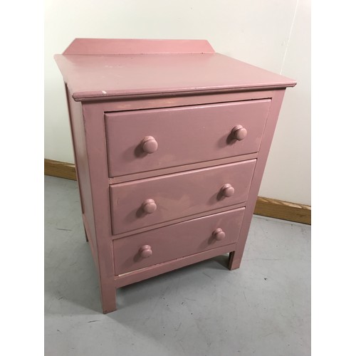 1318 - PAINTED PINE CHEST OF 3 DRAWERS AND KNOB HANDLES  60cm WIDE TOGETHER WITH A PAINTED MIRROR ON STAND