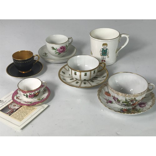 1681 - MISC. CUPS AND SAUCERS INCLUDING MINIATURE WORCESTER, ROYAL WORCESTER BLACK AND GILT AF, DRESDEN CUP... 