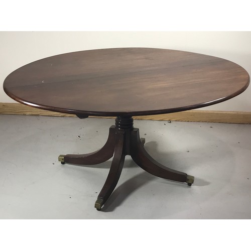 1123 - OVAL TOP PEDESTAL BREAKFAST TABLE RAISED ON 4 SPLAYED LEGS WITH CASTORS, 148 x 123 cm