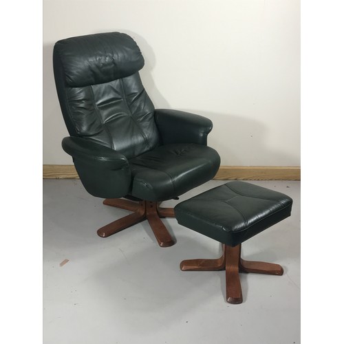 1121 - GREEN LEATHER STRESSLESS STYLE RECLINDING SWIVEL ARM CHAIR WITH MATCHING FOOT STOOL