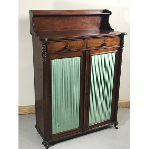 1129 - REGENCY MAHOGANY PIER CABINET WITH GLAZED DOUBLE DOORS FLANKED BY REEDED COLUMNS AND GALLERY, RESTOR... 