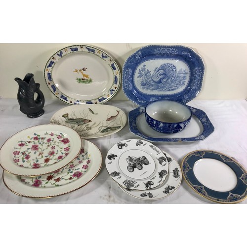 1569 - QUANTITY MISC. MEAT PLATES, A GLUG GLUG FISH JUG, BLUE AND WHITE BOWL ETC.