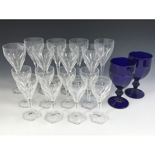 1728 - PAIR OF BRISTOL BLUE TYPE GLASSES AND 8 LARGE AND 8 SMALL CRYSTAL GLASSES