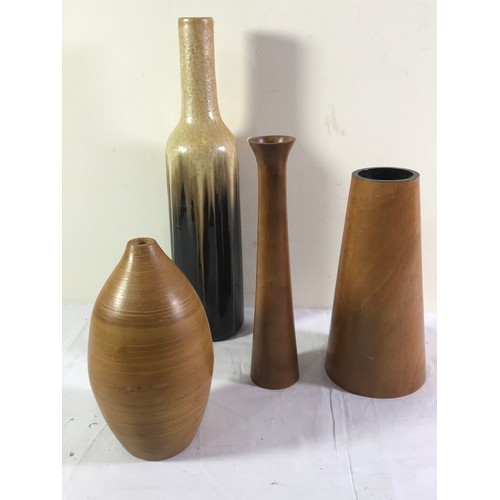 1654 - 3 TALL WOODEN VASES TOGETHER WITH A WEST GERMAN POTTERY VASE