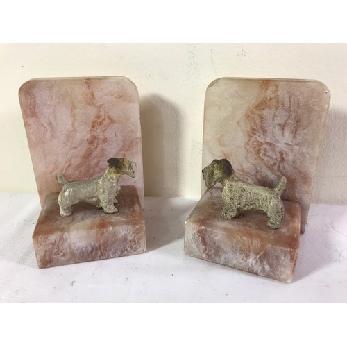 1743 - PAIR OF ONXY STYLE BOOK ENDS WITH TERRIER DOG MOUNTS, TREEN WOODEN BOX, SUNDRY GLASSWARE AND METAL C... 