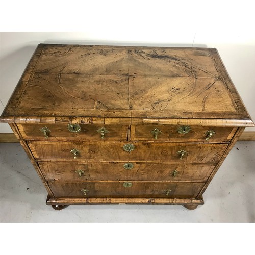 1081 - 18TH CENTURY WALNUT FEATHER AND CROSS BANDED CHEST OF 2 OVER 3 DRAWERS WITH LATER DROP HANDLES ON BU... 