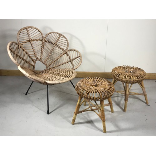 1095 - CANED PETAL SHAPED CHAIR TOGETHER WITH 2 CANED STOOLS