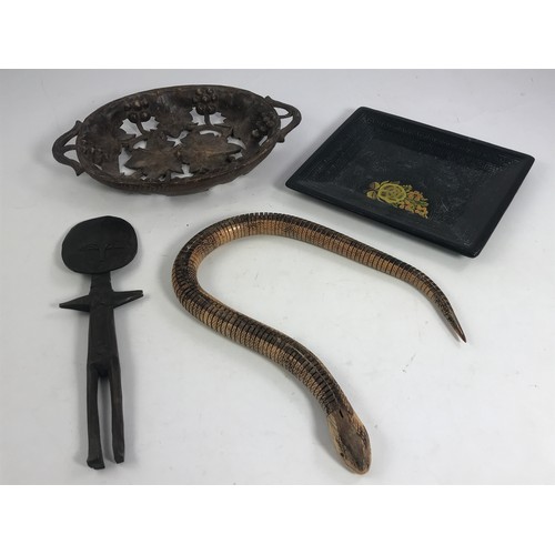 1779 - MISC. TREEN INCLUDING PIERCED VINE LEAF BASKET, ETHNIC FIGURE, SNAKE ETC.