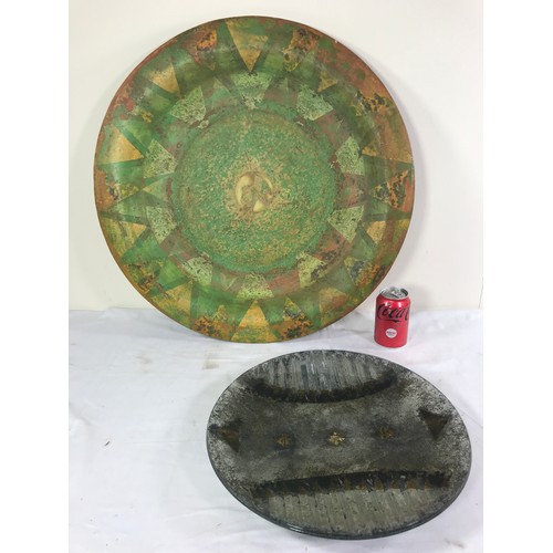 1645 - MODERN PAPIER MACHE DISH APPROX 62 cms DIAMETER AND A STUDIO GLASS PLATE APPROX 38 cms DIAMETER