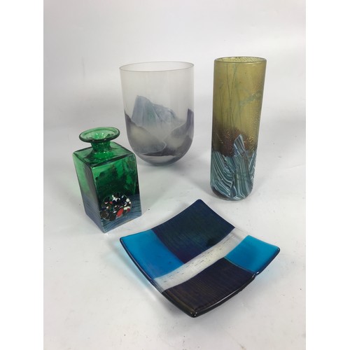 1729 - 3 STUDIO GLASS VASES PLUS A SQUARE DISH