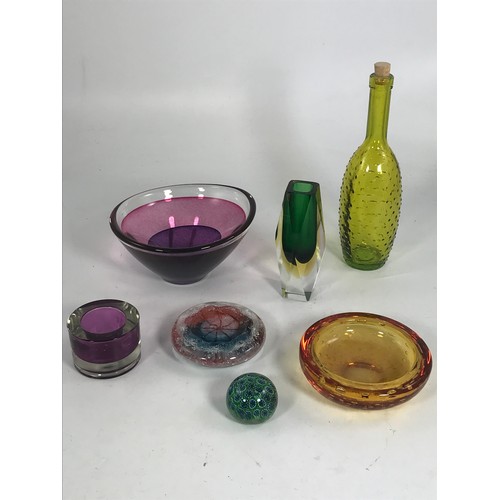 1749 - GLASS PAPER WEIGHT, 2 GLASS VASES, 3 GLASS BOWLS TOGETHER WITH A YELLOW GLASS BOTTLE