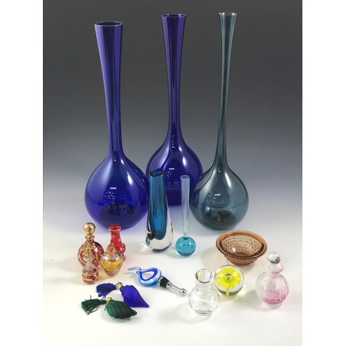 1727 - MISC. GLASSWARE INC. TALL GLASS VASES, PERFUME BOTTLES ETC.