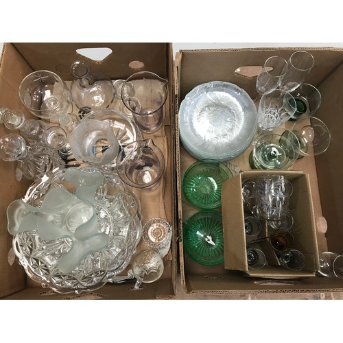 1765 - 2 BOXES OF MISC. GLASSWARE INCLUDING GREEN GLASS FINGER BOWLS, ETCHED 1890 CHRISTENING TANKARD, VARI... 