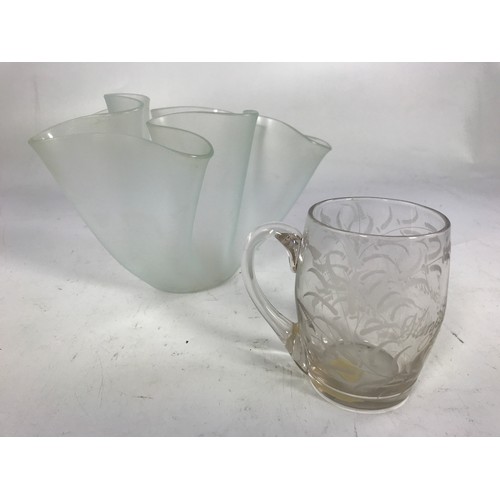 1765 - 2 BOXES OF MISC. GLASSWARE INCLUDING GREEN GLASS FINGER BOWLS, ETCHED 1890 CHRISTENING TANKARD, VARI... 