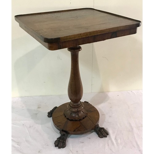 1383 - ANTIQUE ROSEWOOD AND OAK READING TABLE ON 4 FEET WITH TURNED PEDESTAL AND OPENING TOP, SUPERB CLAW F... 