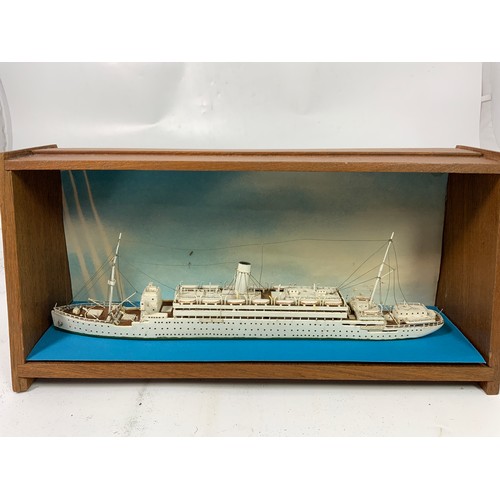 229 - CASED SCRATCH BUILT BALSA MODEL OF WWII LINER CONVERTED TO AN AMBULANCE SHIP SINGLE FUNNEL STEAMER A... 