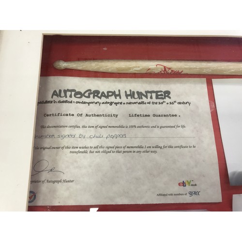 152 - FRAMED COLLECTION OF POP MEMORABILIA, A DRUM STICK SIGNED BY CHILLI PEPPERS WITH CERTIFICATE OF AUTH... 