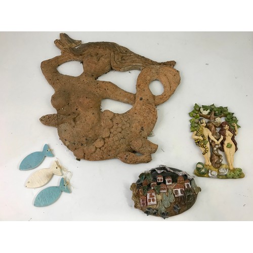 1704 - POTTERY MERMAID WALL PLAQUE AF, 2 OTHERS AND 3 CERAMIC FISH