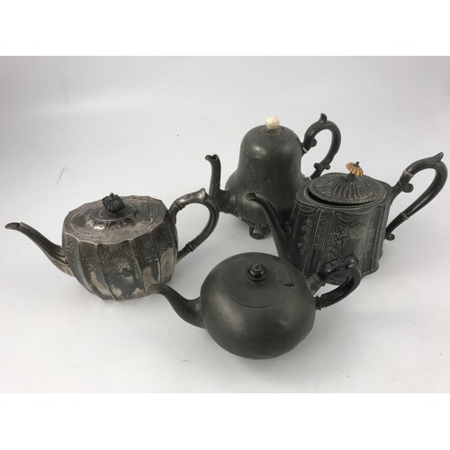 3274 - PAIR OF SILVER BACK BRUSHES, 2 SILVER PLATED TEA POTS, 2 PEWTER TEA POTS AND A SILVER 3d BRACELET