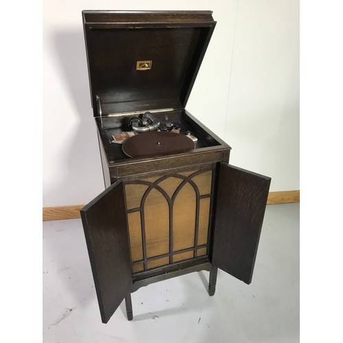 3087 - HMV OAK CASED CABINET WIND UP GRAMOPHONE