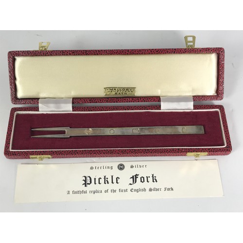 3402 - CASED STERLING SILVER PICKLE FORK A ‘FAITHFUL REPLICA OF THE FIRST ENGLISH SILVER FORK’ BY MALLORY, ... 