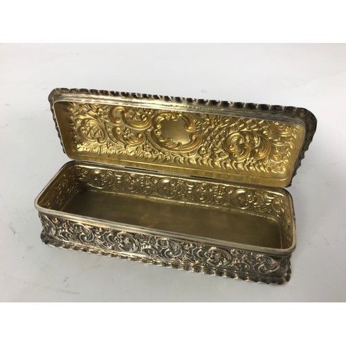 3343 - RECTANGULAR SILVER TRINKET BOX WITH EMBOSSED DECORATION AND HINGED COVER APPROX 91.5 g