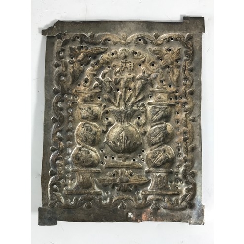 3336 - WHITE METAL DECORATIVE PANEL APPROX. 25 X 19.5 cms WITH EMBOSSED DECORATION