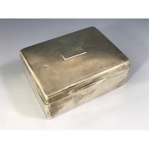 3355 - SILVER CIGARETTE BOX WITH ENGINE TURNED DECORATION AND RECTANGULAR CARTOUCHE AND CH INITIALS