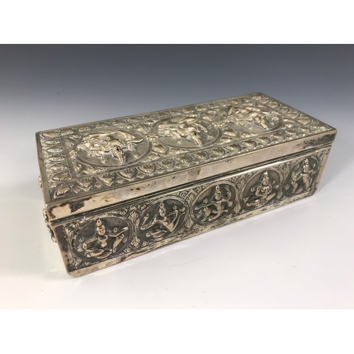 3348 - A HIGHLY DETAILED RECTANGULAR INDIAN SILVER LIDDED BOX DEPICTING INDIAN DEITIES HAVING HINGED LID AP... 