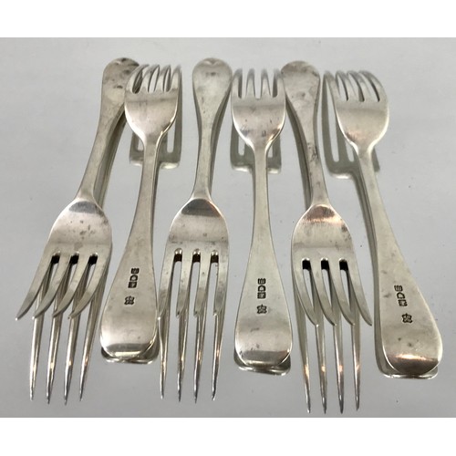 3389 - SET OF 6 SILVER FIDDLE BACK DESSERT FORKS APPROX. 300g, LONDON 1907