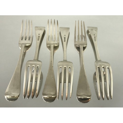 3390 - SET OF 6 SILVER FIDDLE BACK DINNER FORKS APPROX. 402g, LONDON 1845