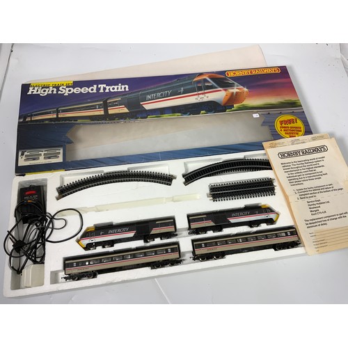 478 - HORNBY R558 HIGH SPEED TRAIN SET WITH POWER CAR DUMMY AND TWO MARK III COACHES TRACK AND TRANSFORMER... 