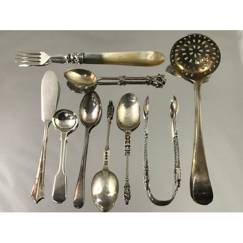 3373 - MISC. SPOONS ETC. INCLUDING 2 APOSTLE SPOONS AND MATCHING TONGS, SIFTER SPOON, PICKLE FORK ETC. APPR... 