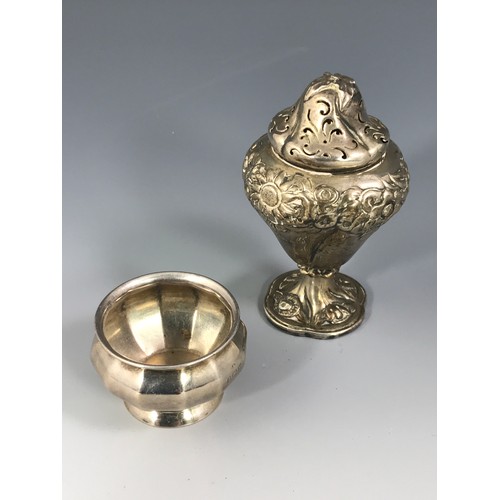 3395 - SILVER PEPPER POT WITH REPOUSSE DECORATION TOGETHER WITH SILVER SALT APPROX. 92 g