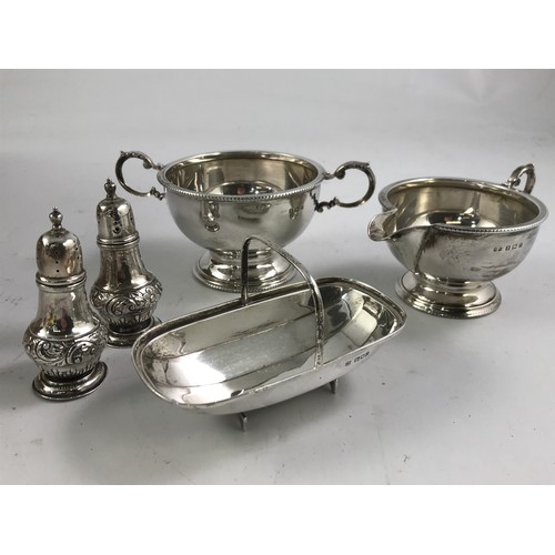 3365 - SILVER SUGAR BOWL, CREAM JUG, CRUETS AND A SILVER MINIATURE BASKET