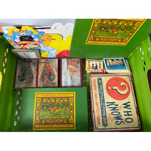 144 - BOX OF VARIOUS ASSORTED BOARD GAMES, WOODEN JIGSAWS INCLUDING WHOSE NOSE BY JAQUES, CAR-SOC PUZZLES,... 