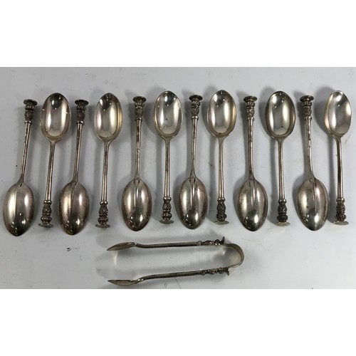 3381 - SET OF 12 SEAL TOP SILVER TEA SPOONS MATCHING TONGS, ASPREY & Co? Approx. 290g