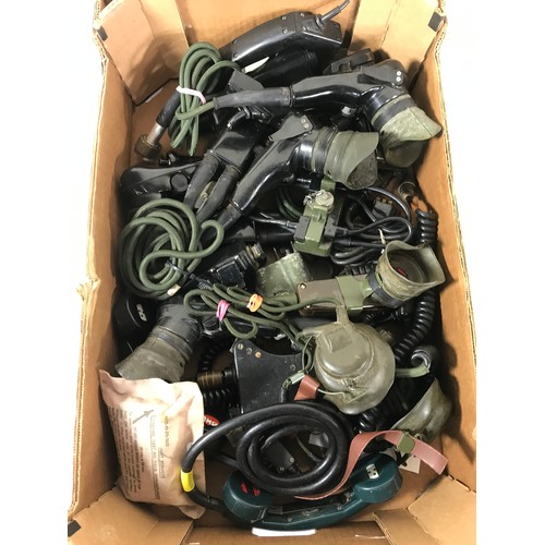 3072 - 2 BOXES OF INTERESTING MILITARY RELATED ITEMS INCLUDING TANK HEADSETS, MICROPHONES, MILITARY ARMY RA... 