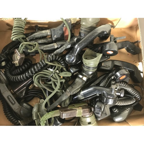 3072 - 2 BOXES OF INTERESTING MILITARY RELATED ITEMS INCLUDING TANK HEADSETS, MICROPHONES, MILITARY ARMY RA... 