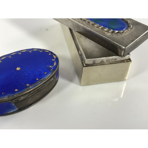 3411 - RECTANGULAR SILVER PILL BOX WITH ENAMEL PANEL TO LID TOGETHER WITH AN OVAL DITTO AF