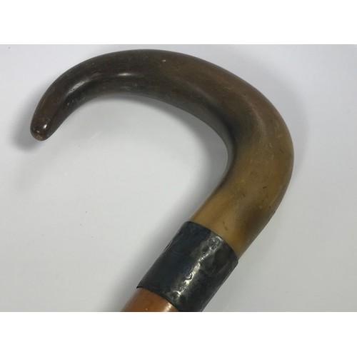 3070 - MALACCA WALKING STICK WITH SILVER COLLAR AND HORN HANDLE