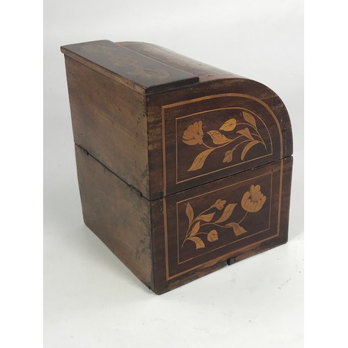 3143 - AN EARLY 19TH CENTURY DUTCH WALNUT AND FLORAL MARQUETRY INLAID DECANTER BOX WITH 4 MATCHING 19TH CEN... 