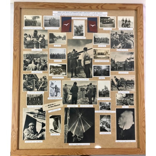 3050 - FRAMED MONTAGE OF PICTURES, POSTCARDS AND ARTIFACTS, WWII LIFE ON A LUFTWAFFE ANTI-AIRCRAFT FLAT BAT... 