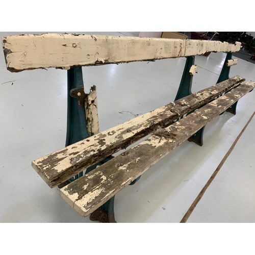 1 - RAILWAY PLATFORM BENCH, 3 SUPPORTS CAST GWR, IN NEED OF NEW TIMBERS.