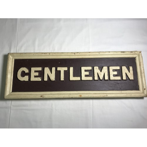 3 - GENTLEMEN CLOAKROOM SIGN, POSSIBLY EX RAILWAY, this is a heavy wooden sign approx. 75 x 25.5 cm