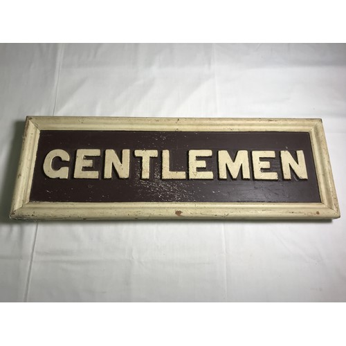 3 - GENTLEMEN CLOAKROOM SIGN, POSSIBLY EX RAILWAY, this is a heavy wooden sign approx. 75 x 25.5 cm