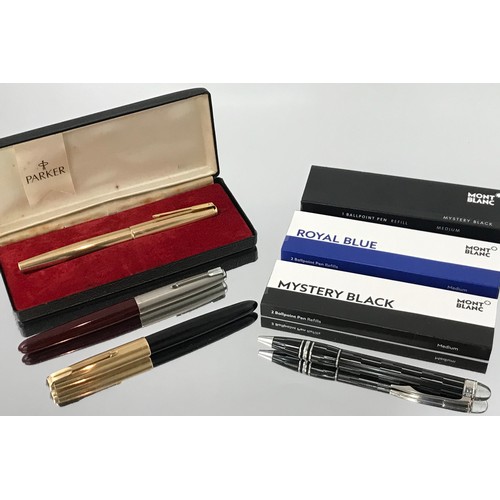 3471 - MONT BLANC PEN AND THREE PARKER FOUNTAIN PENS